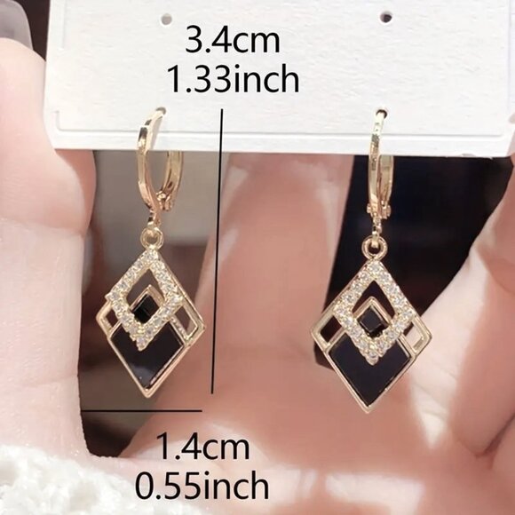 Earrings Black Zircon Rhombus Shape Dangle Stunning Stylish Trendy Rhinestones - Picture 2 of 2